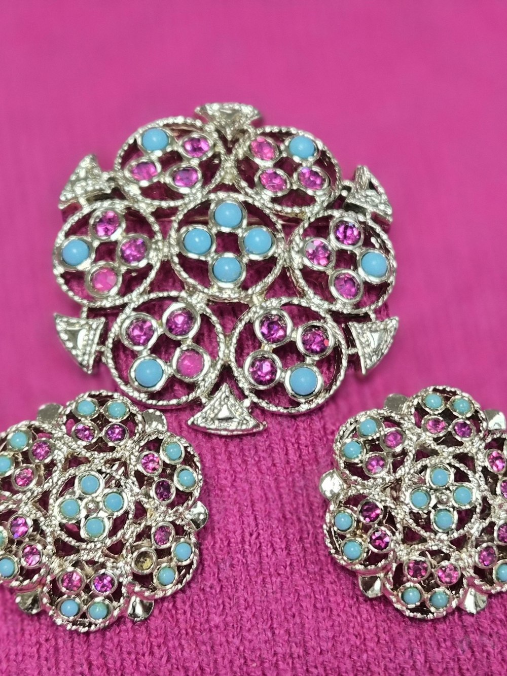 Sarah Coventry RhineTone Pink & Turquoise Floral Brooch and Earring Set